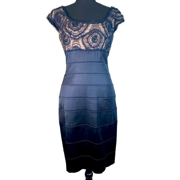 Tadashi Shoji Navy Blue Lace Beaded Bandage Sheath Dress 4 Cap Sleeve Bodycon - Picture 1 of 15